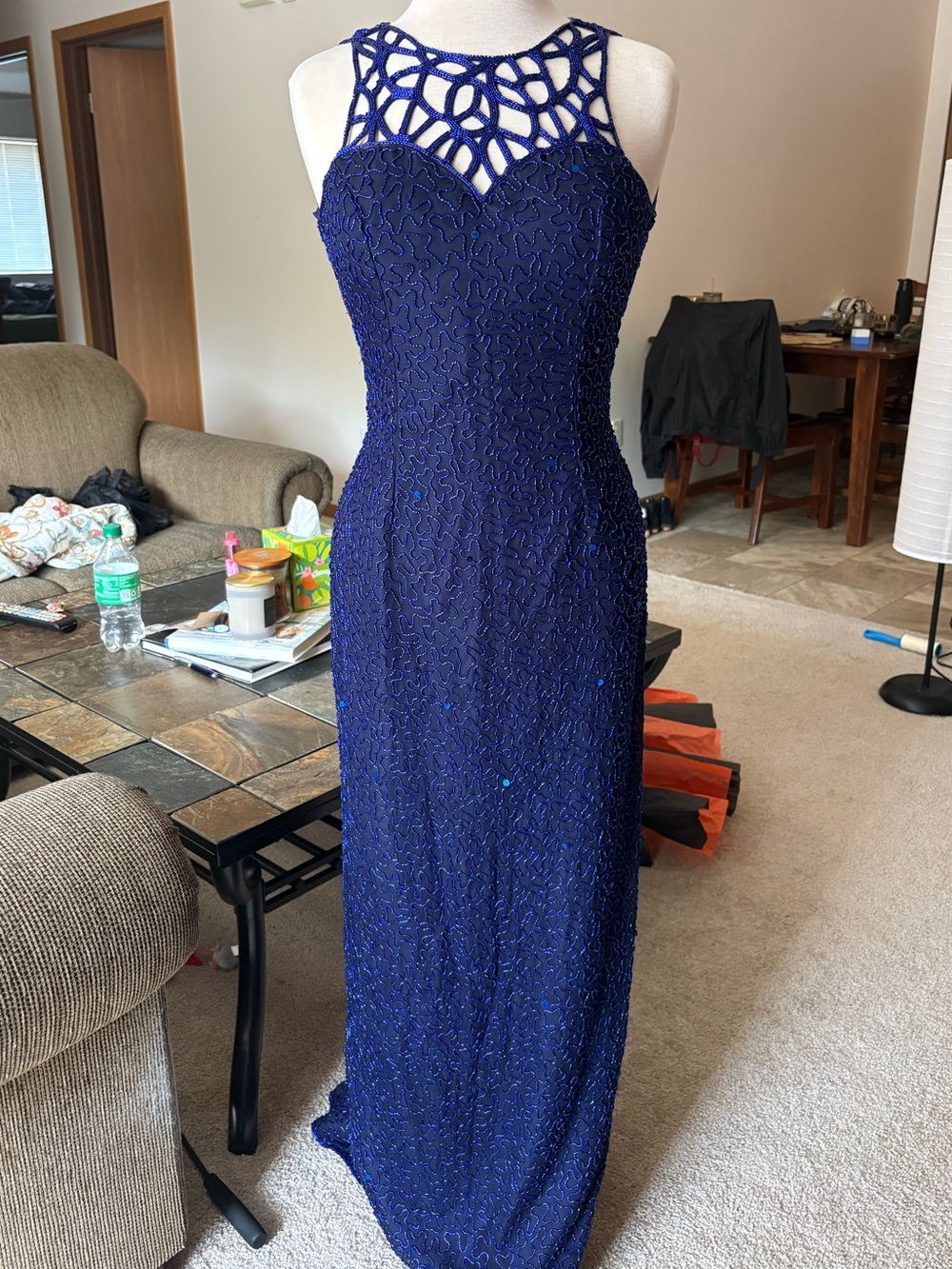 Scala Royal Blue Beaded Maxi Dress with Lattice Neckline